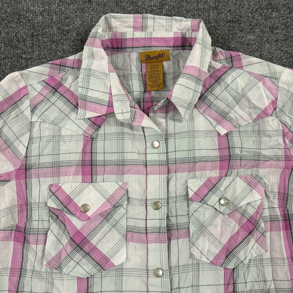Wrangler Shirt Womens Size M Pink Plaid Western Pearl Snap Short Sleeve Casual